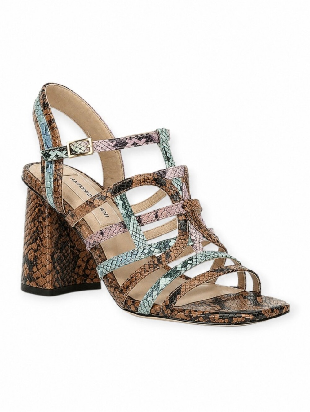 Antonio Melani Leather Multicolor Snakeskin Strappy Block Heel Sandals 7.5M